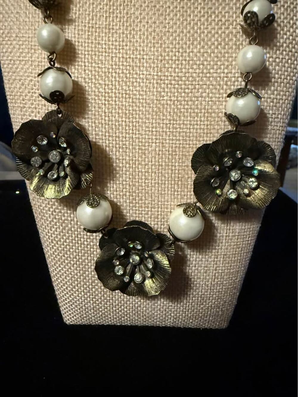 Pierre Lang necklace gold-tone flowers with crystals & large white pearls.